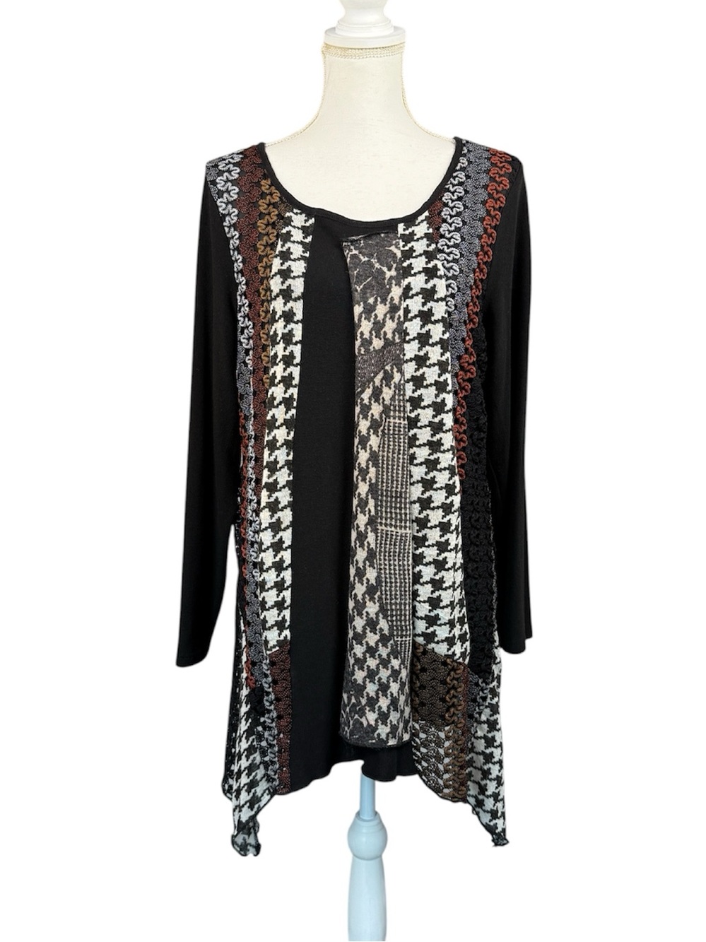 Dikalady Mixed Media Scoop Neck A-Line Top Asymmetrical Hem Black Size Large